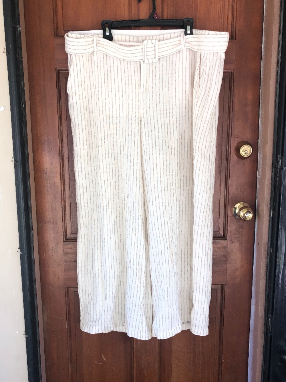 Lane Bryant striped linen-blend belted wide-leg trousers.